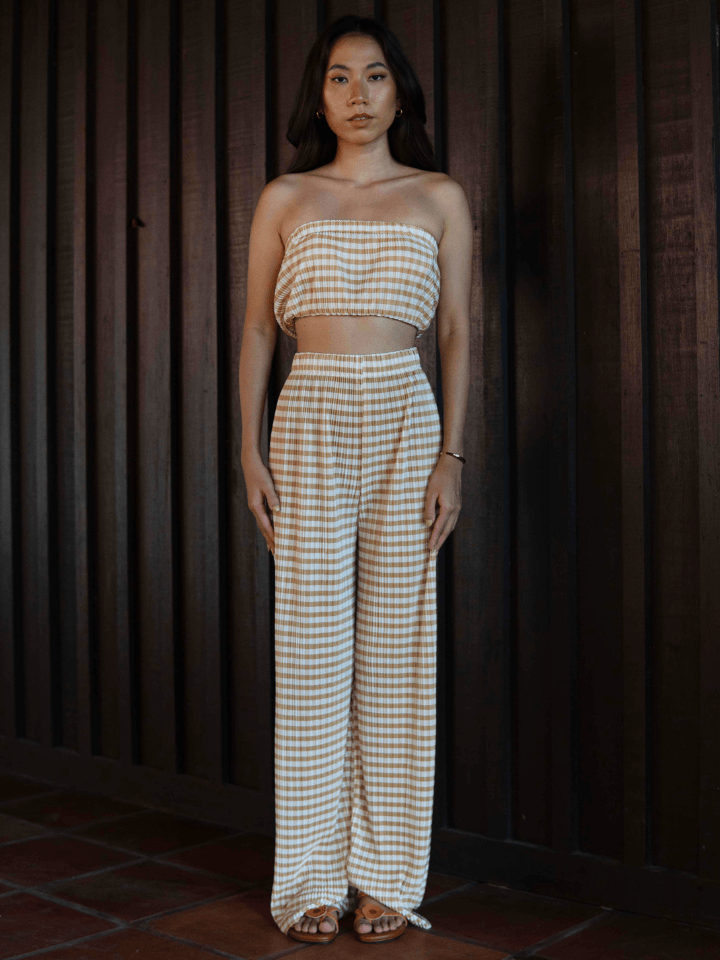 Avery Checkered Gingham Pleated Tube Top and Long pants Co Ord Set in Mustard Yellow / Cream White - Pink N' Proper