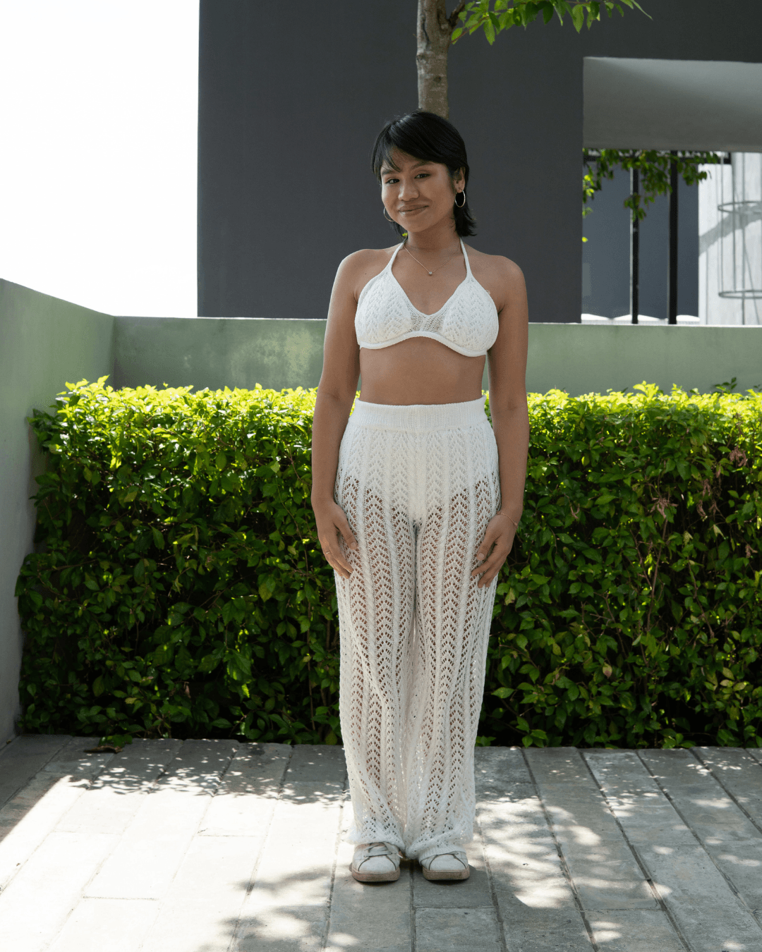 Tanya Crochet Bikini Long Pants Co Ord Set in White - Pink N' Proper