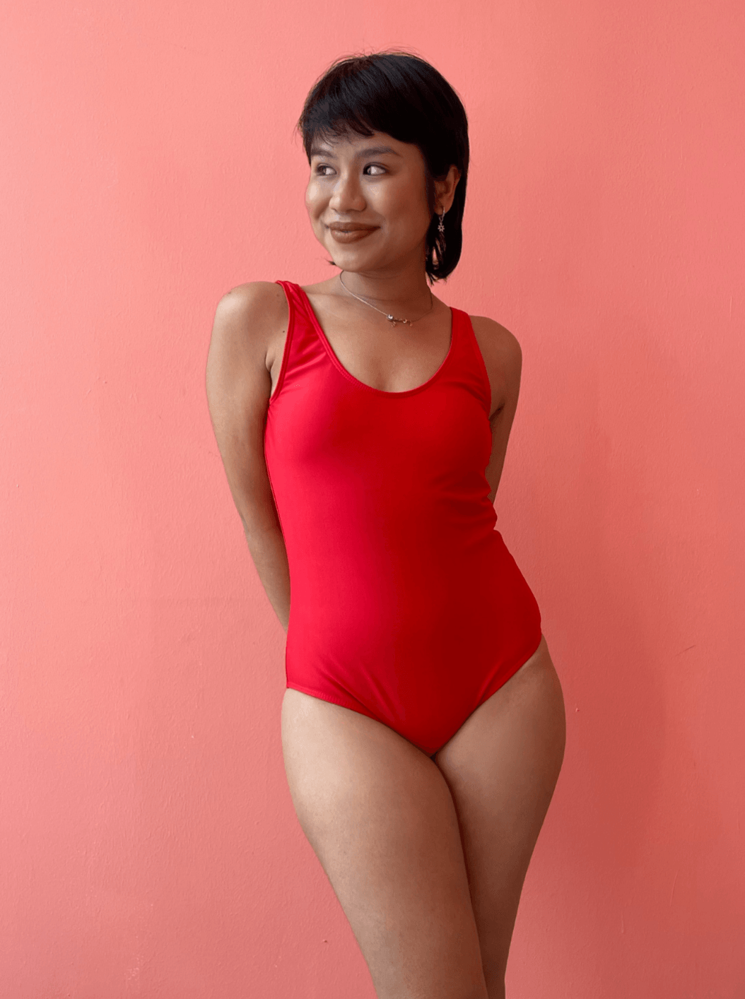 Basic V Back Swimsuit in Red - Pink N' Proper