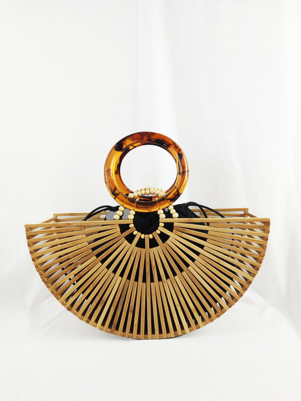 Luna Beach Half Moon Bamboo Handbag with Brown Acrylic Tortoiseshell Top Handle in Beige - Pink N' Proper