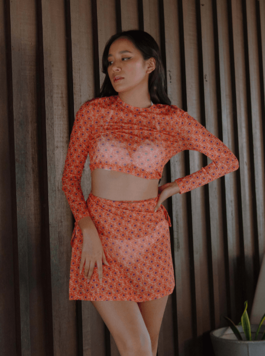 TROPICAL OPULENCE Andalusia Mesh Long Sleeve Top and Wrap Skirt Co Ord Beachwear Set in Orange - Pink N' Proper