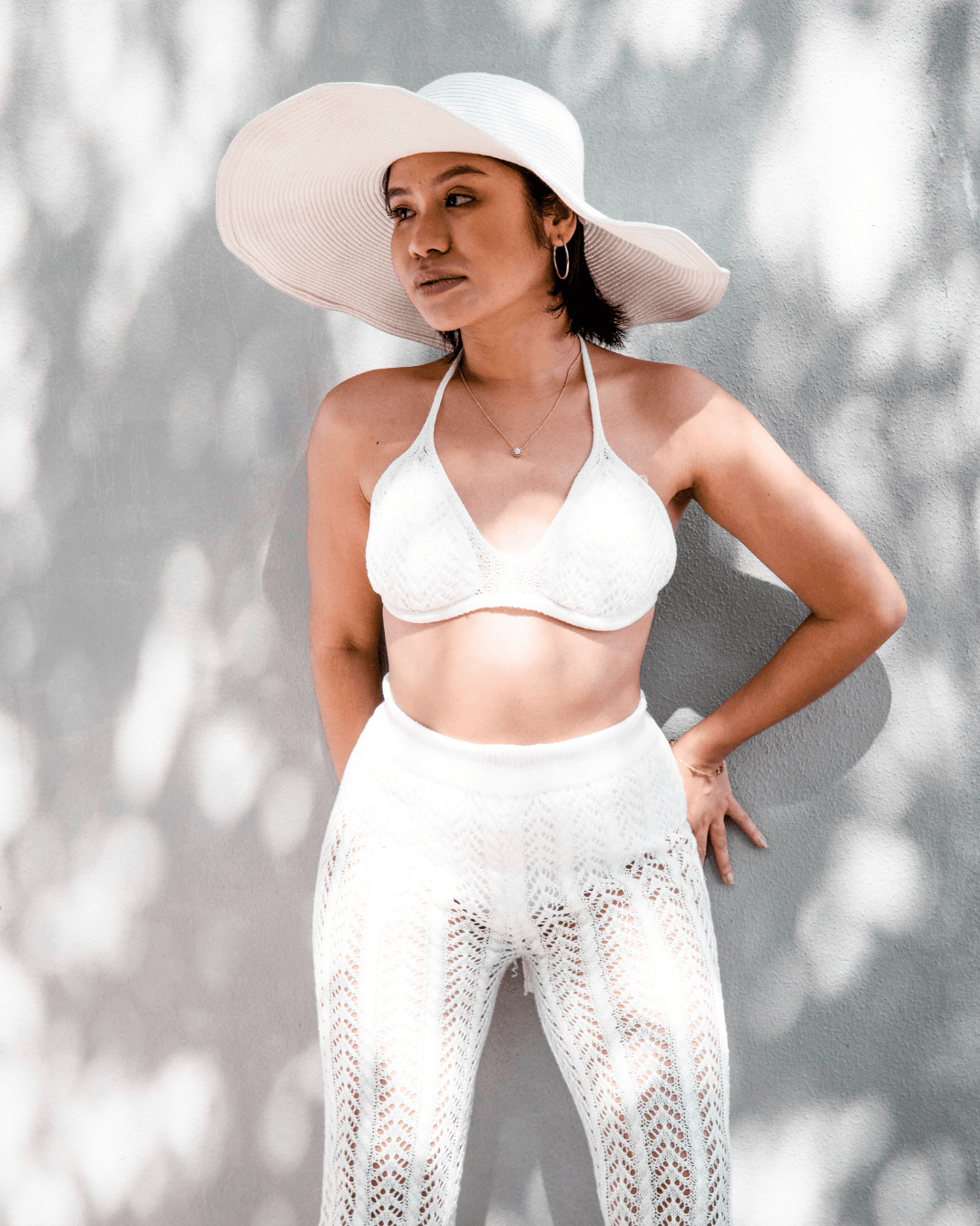 Tanya Crochet Bikini Long Pants Co Ord Set in White - Pink N' Proper