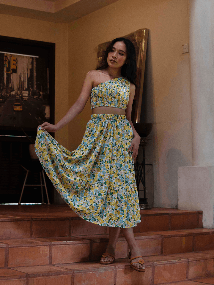 Luna Smocked One Shoulder Toga and Midi Skirt Co Ord Set in Green / Yellow - Pink N' Proper