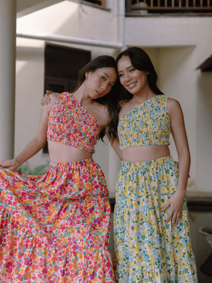 Luna Smocked One Shoulder Toga and Midi Skirt Co Ord Set in Green / Yellow - Pink N' Proper