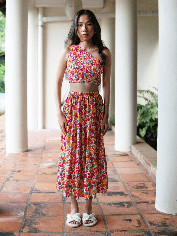 Luna Smocked One Shoulder Toga and Midi Skirt Co Ord Set in Red / Pink - Pink N' Proper