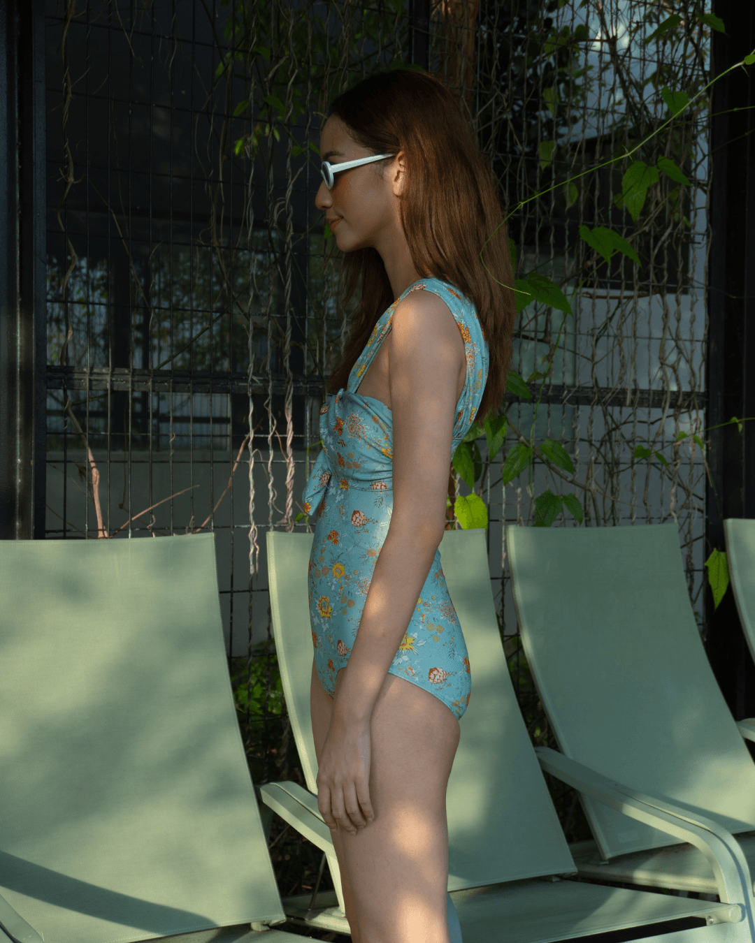 Helen Toga Bandeau Retro Swimsuit in Green Floral Print - Pink N' Proper