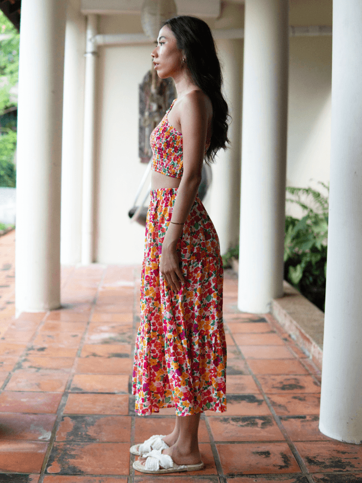 Luna Smocked One Shoulder Toga and Midi Skirt Co Ord Set in Red / Pink - Pink N' Proper
