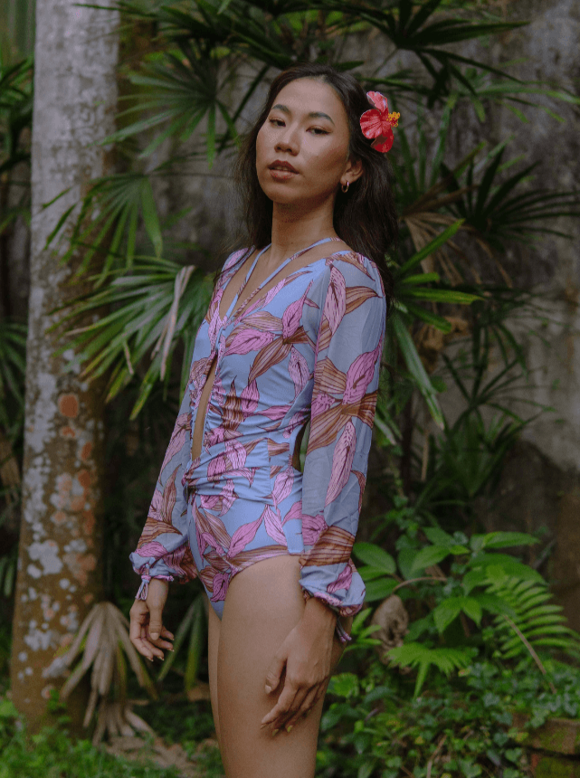 TROPICAL OPULENCE Bora Mesh Long Sleeve Cut Out Swimsuit in Blue Grey - Pink N' Proper