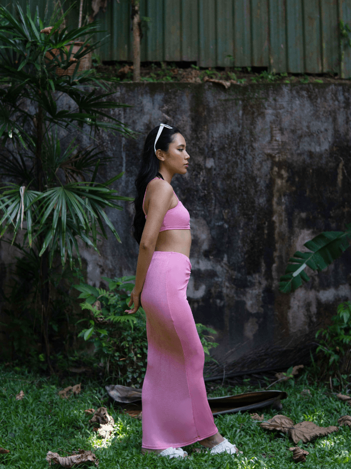 Fayre Bandeau Ruched Long Skirt Co Ord Set in Pink - Pink N' Proper