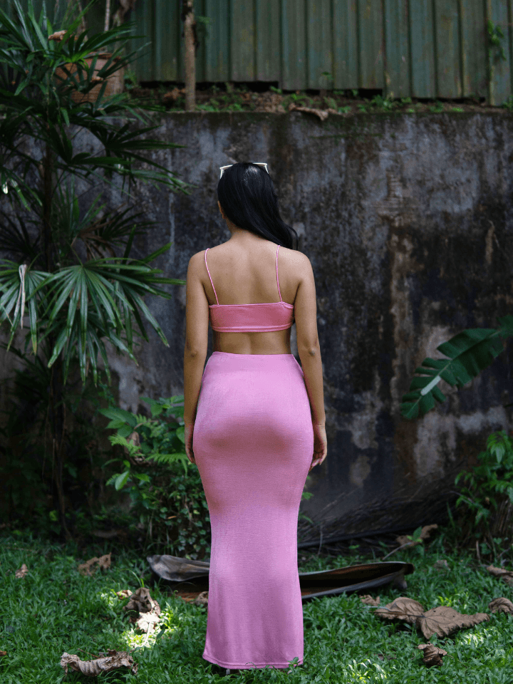 Fayre Bandeau Ruched Long Skirt Co Ord Set in Pink - Pink N' Proper