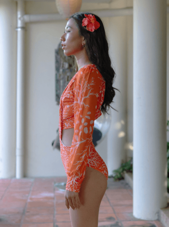 TROPICAL OPULENCE Playa Plunge Cut Out Mesh Long Sleeve Coral Print Swimsuit in Orange - Pink N' Proper