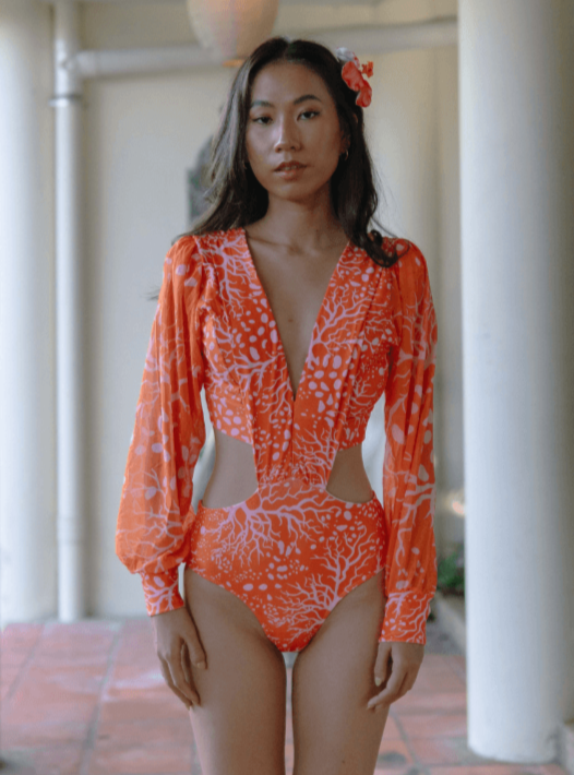TROPICAL OPULENCE Playa Plunge Cut Out Mesh Long Sleeve Coral Print Swimsuit in Orange - Pink N' Proper