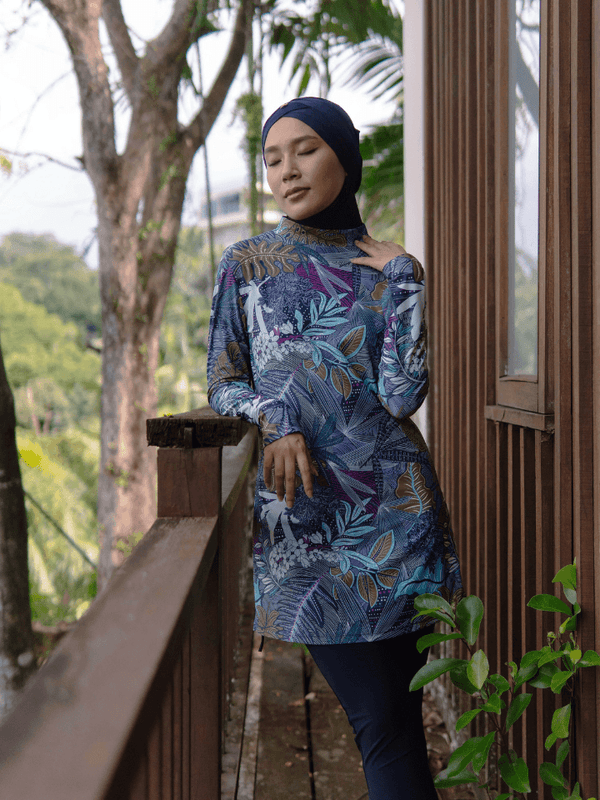 Modernly Modest Suria Tropical Muslimah Swimwear Set in Blue Purple (Plus Size Available) - Pink N' Proper