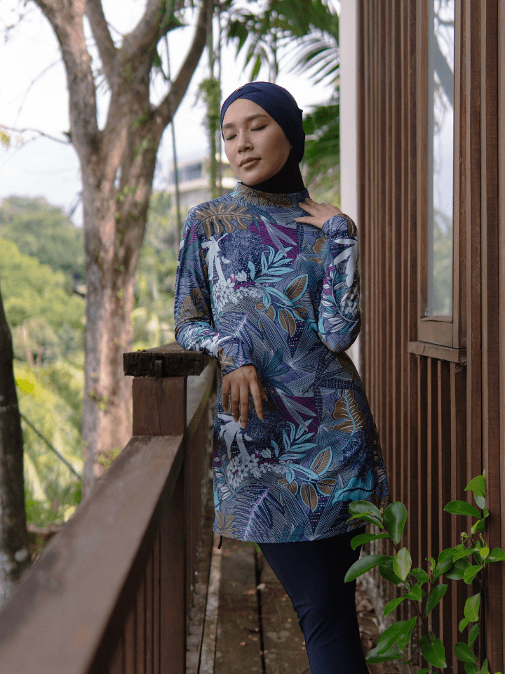 Modest Muslimah swimsuit with high neckline and long sleeves