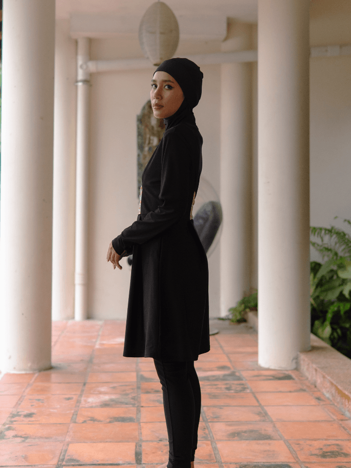 Modernly Modest Suri Belted Muslimah Swimwear Set in Black - Pink N' Proper