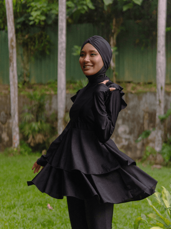Modernly Modest Dayang Peplum Muslimah Swimwear Set in Black (Plus Sizes Available) - Pink N' Proper