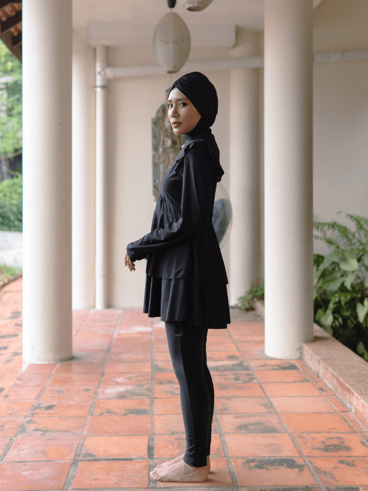 Modernly Modest Dayang Peplum Muslimah Swimwear Set in Black (Plus Sizes Available) - Pink N' Proper