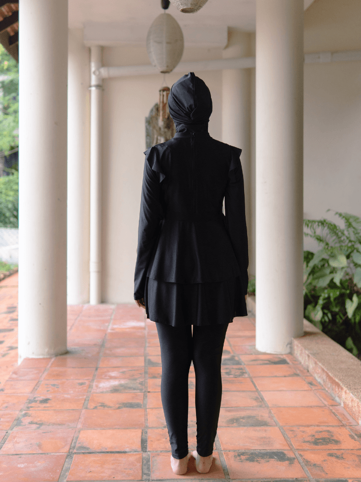 Modernly Modest Dayang Peplum Muslimah Swimwear Set in Black (Plus Sizes Available) - Pink N' Proper