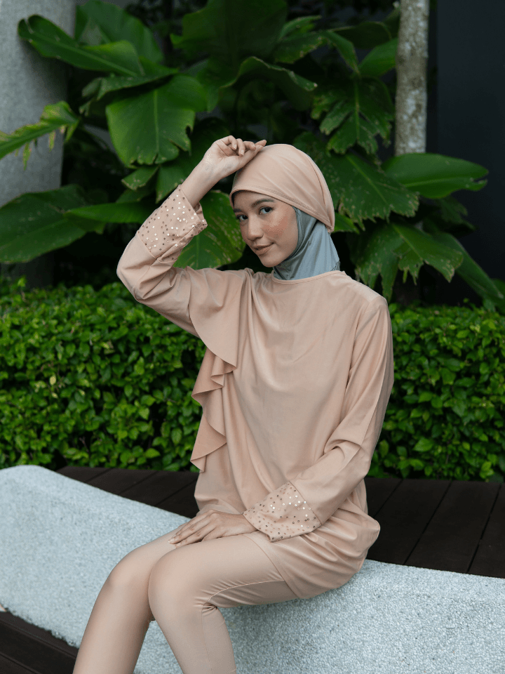 Modernly Modest Dewi Sequin Muslimah Swimwear Set in Beige - Pink N' Proper