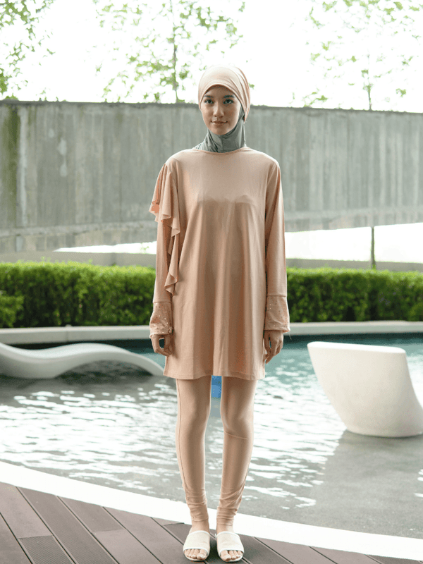 Modernly Modest Dewi Sequin Muslimah Swimwear Set in Beige - Pink N' Proper