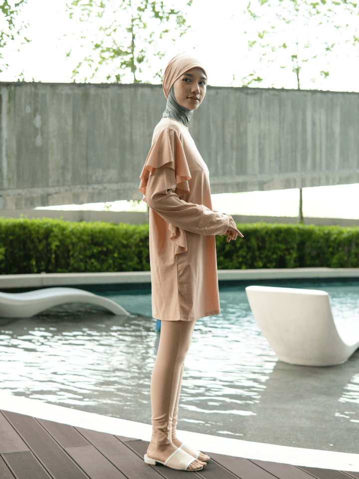 Modernly Modest Dewi Sequin Muslimah Swimwear Set in Beige - Pink N' Proper