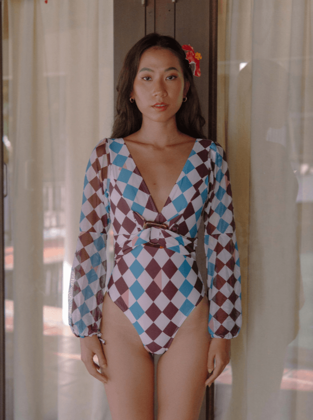 TROPICAL OPULENCE Dune Plunge Mesh Long Sleeve Bare Back with Resin Buckle Swimsuit in Blue White - Pink N' Proper