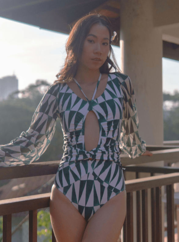 TROPICAL OPULENCE Bora Mesh Long Sleeve Cut Out Swimsuit in Emerald Green - Pink N' Proper