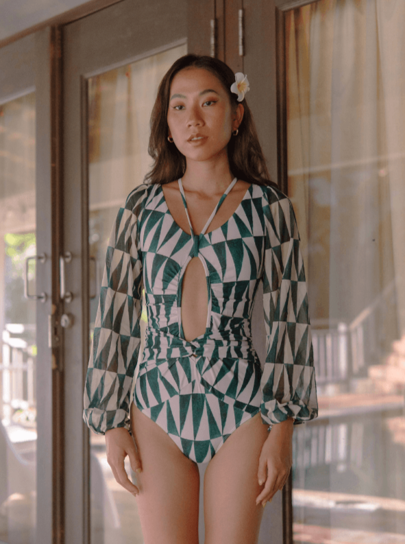 TROPICAL OPULENCE Bora Mesh Long Sleeve Cut Out Swimsuit in Emerald Green - Pink N' Proper