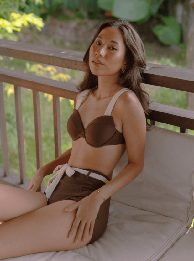 Milla Neutral Push Up Moulded Cup High Waist Bikini Set with Underwire in Brown - Pink N' Proper