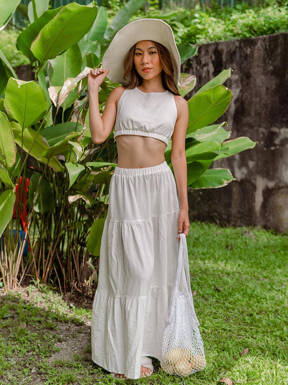 Nyra Tank Top and Long Skirt Co Ord 2 Piece Set in White - Pink N' Proper