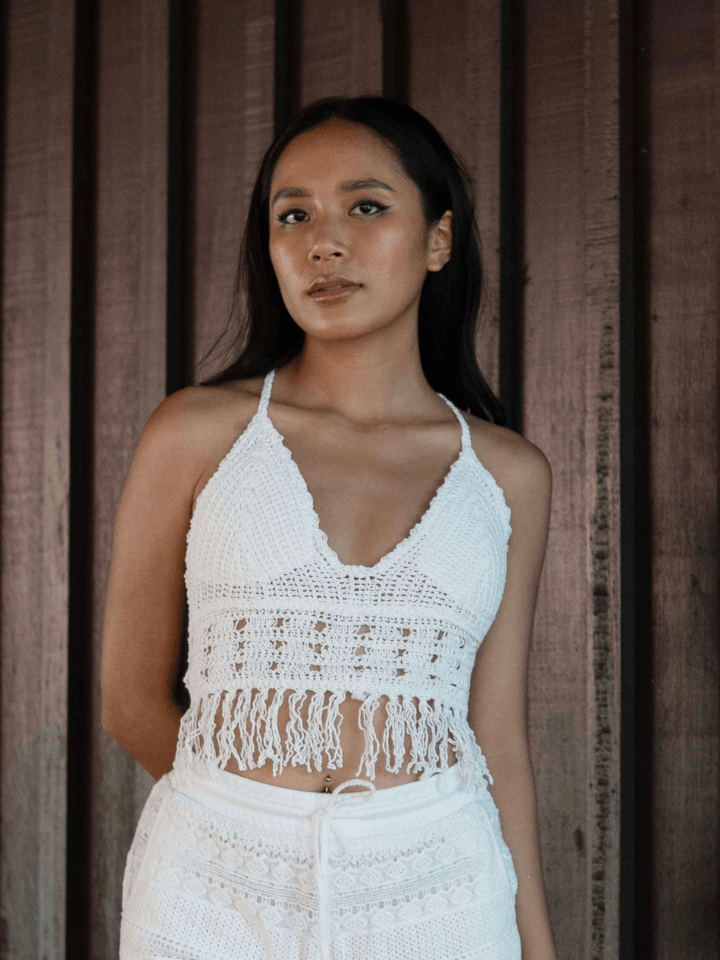 Delilah Fringe Hem Crochet Adjustable Bikini Top in White - Pink N' Proper