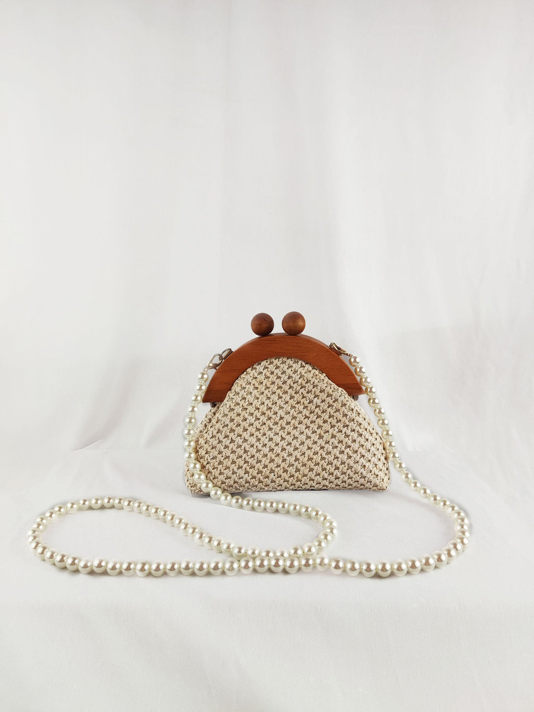 Minerva Straw Beach Wood Magnetic Clasp Pearl Crossbody Purse Handbag in Brown Beige - Pink N' Proper