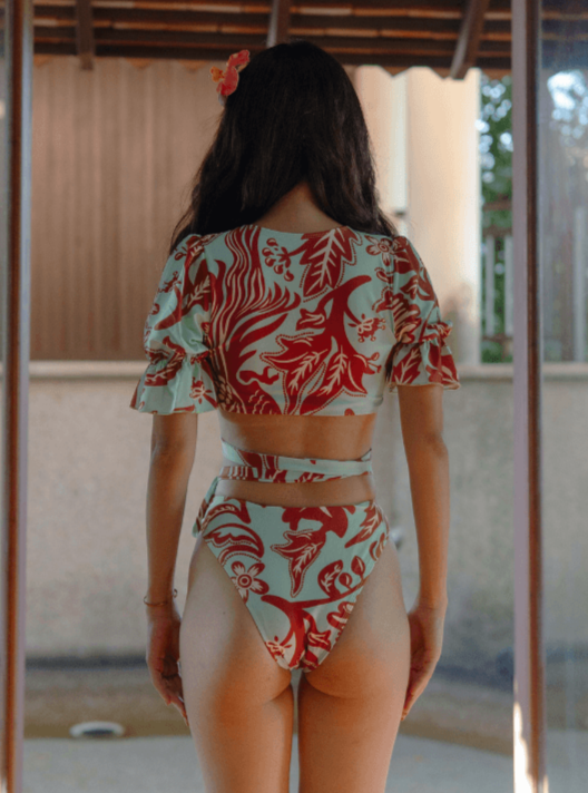 TROPICAL OPULENCE Vanua V Neck Criss Cross Sleeve with Ring Bikini Set in Brown / Mint Green - Pink N' Proper