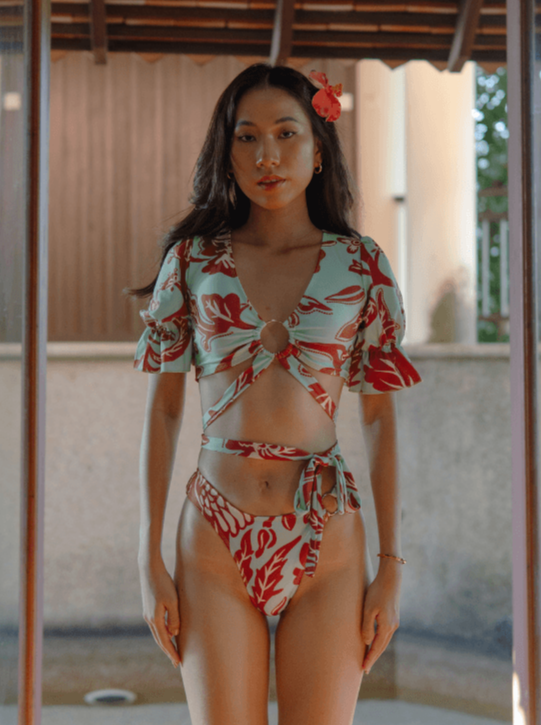 TROPICAL OPULENCE Vanua V Neck Criss Cross Sleeve with Ring Bikini Set in Brown / Mint Green - Pink N' Proper