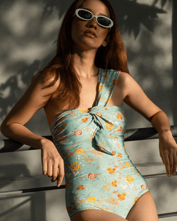 Helen Toga Bandeau Retro Swimsuit in Green Floral Print - Pink N' Proper