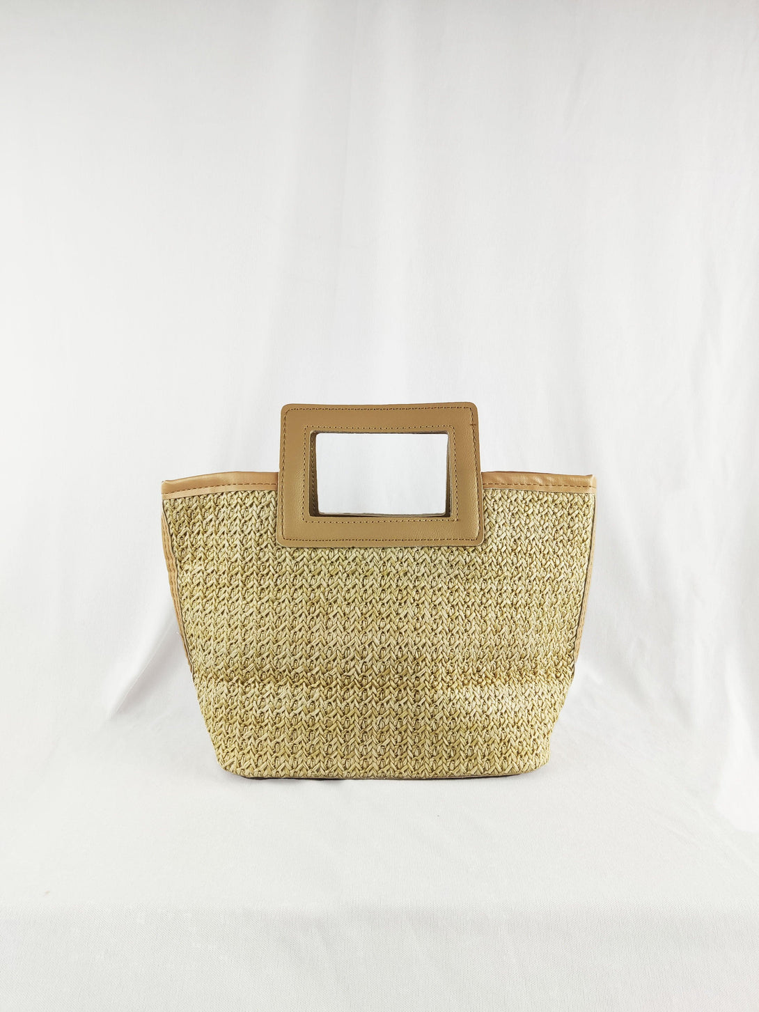 Delia Square Top Handle Straw Bag in Khaki Beige - Pink N' Proper