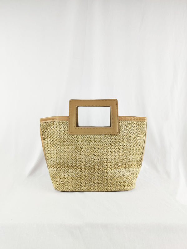 Delia Square Top Handle Straw Bag in Khaki Beige - Pink N' Proper