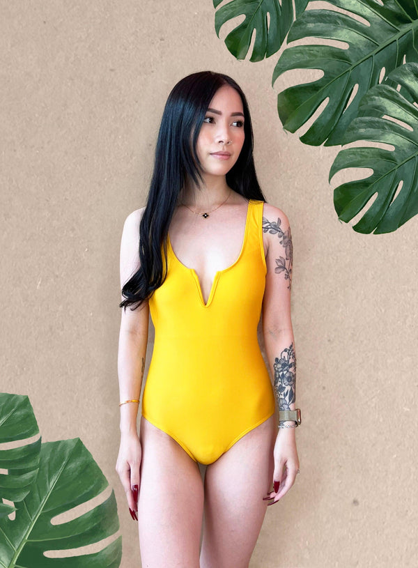 Basic V Front Bareback Swimsuit in Yellow - Pink N' Proper