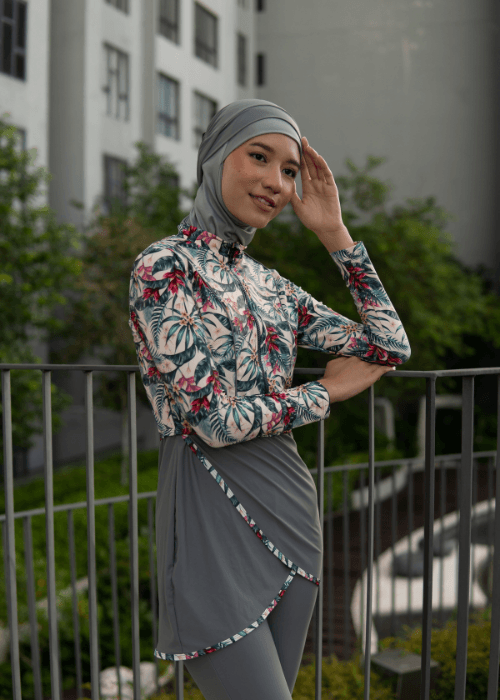 Modernly Modest Raya Tropical Muslimah Swimwear Set in Grey (Plus Size Available) - Pink N' Proper