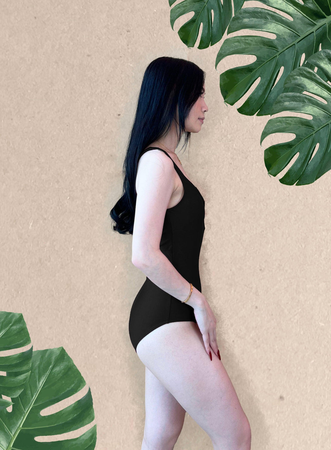 Basic V Front Bareback Swimsuit in Black - Pink N' Proper