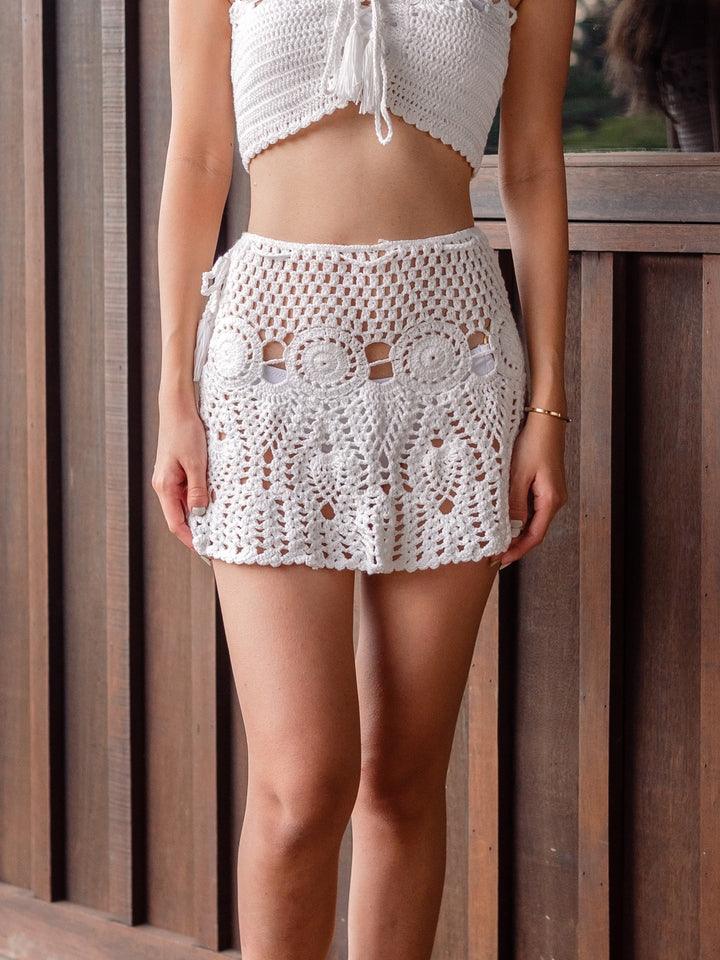 Nalani Tassle Crochet High Waist Mini Skirt in White - Pink N' Proper