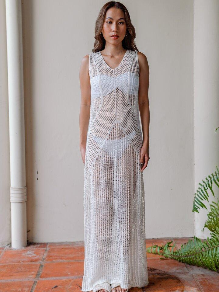 Mikala Sleeveless V Back Crochet Maxi Dress in Beige - Pink N' Proper