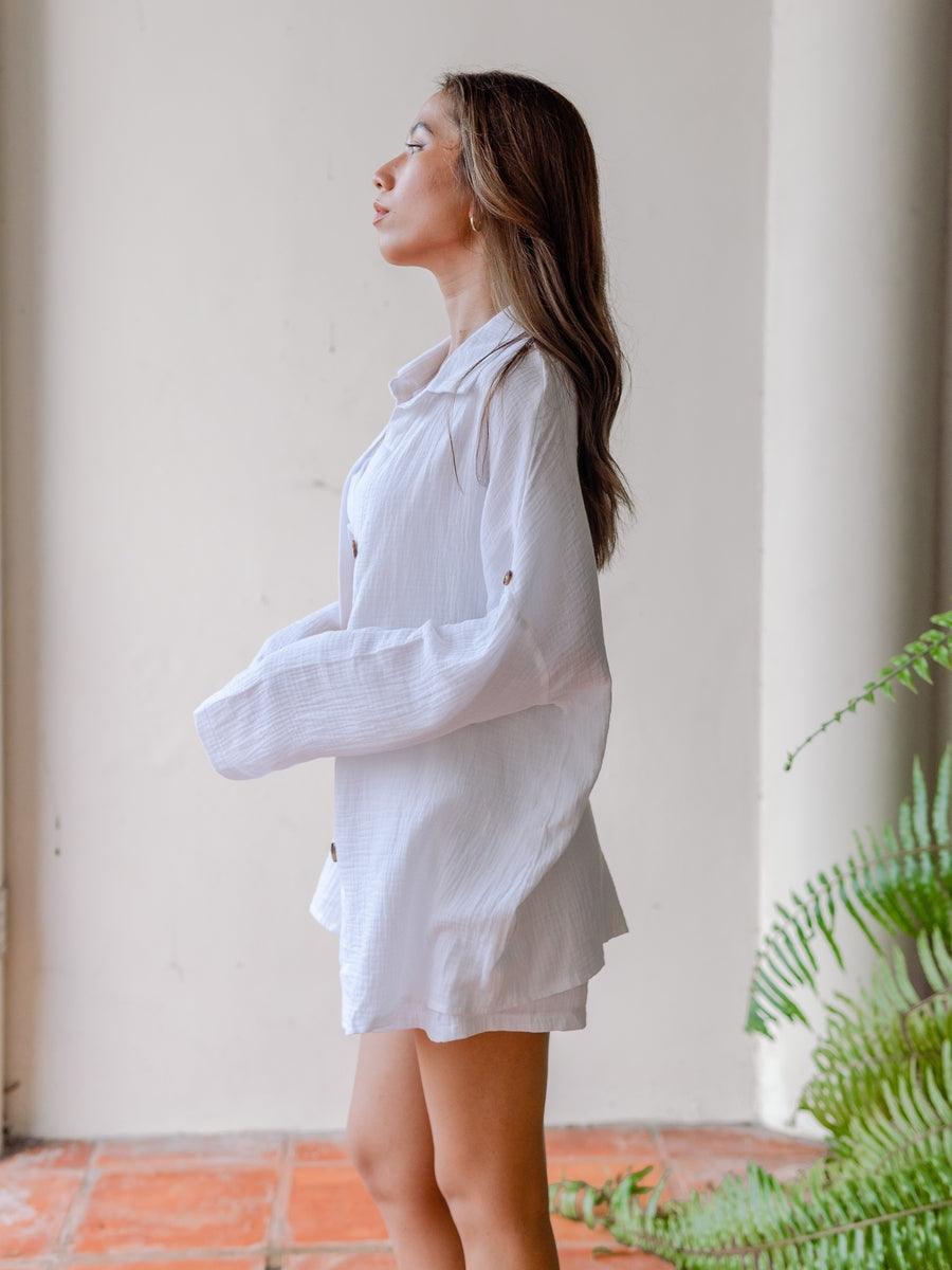 Madison Long Sleeve Button Up Shorts 2 piece Coord Set in White - Pink N' Proper