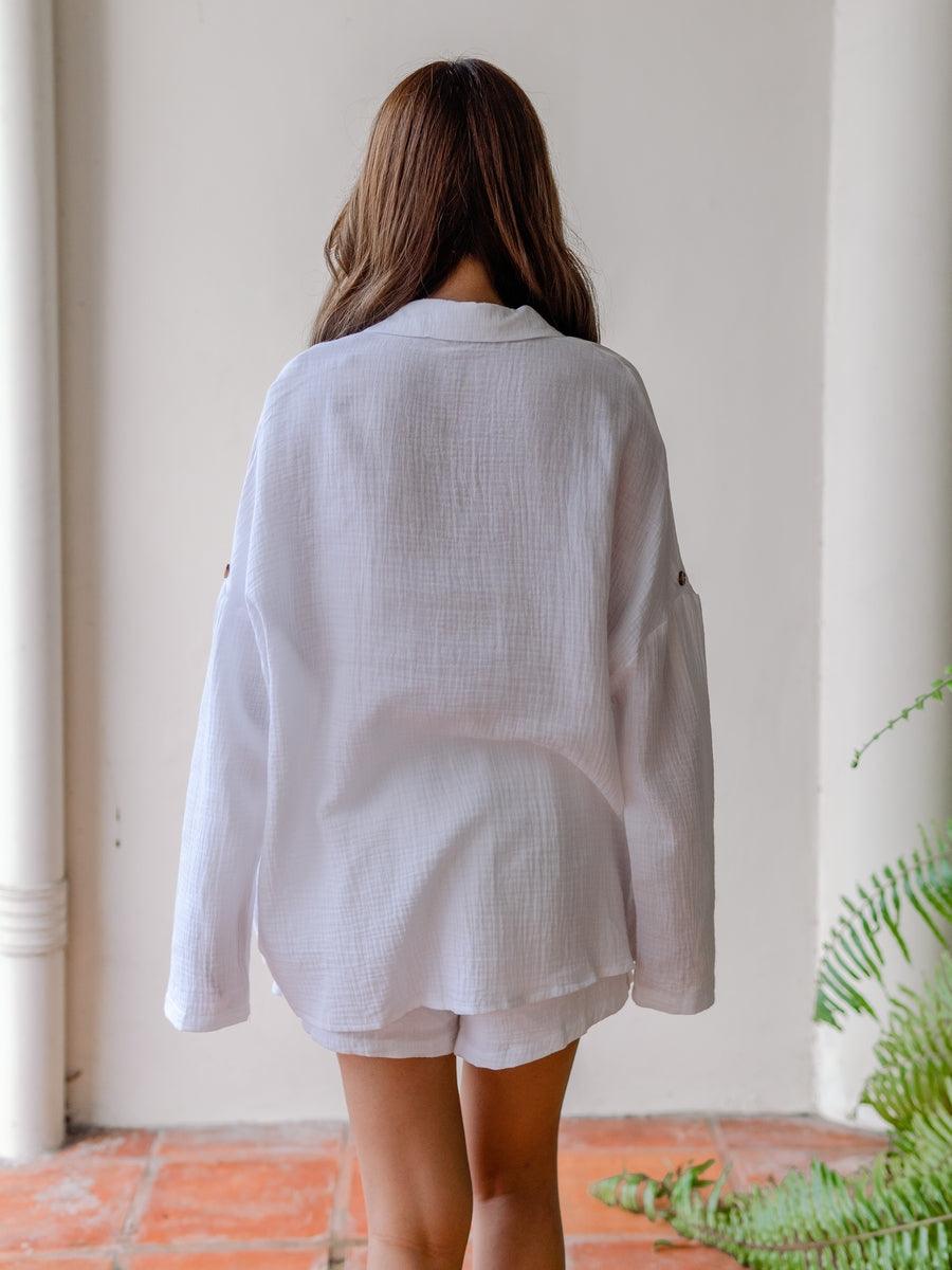 Madison Long Sleeve Button Up Shorts 2 piece Coord Set in White - Pink N' Proper