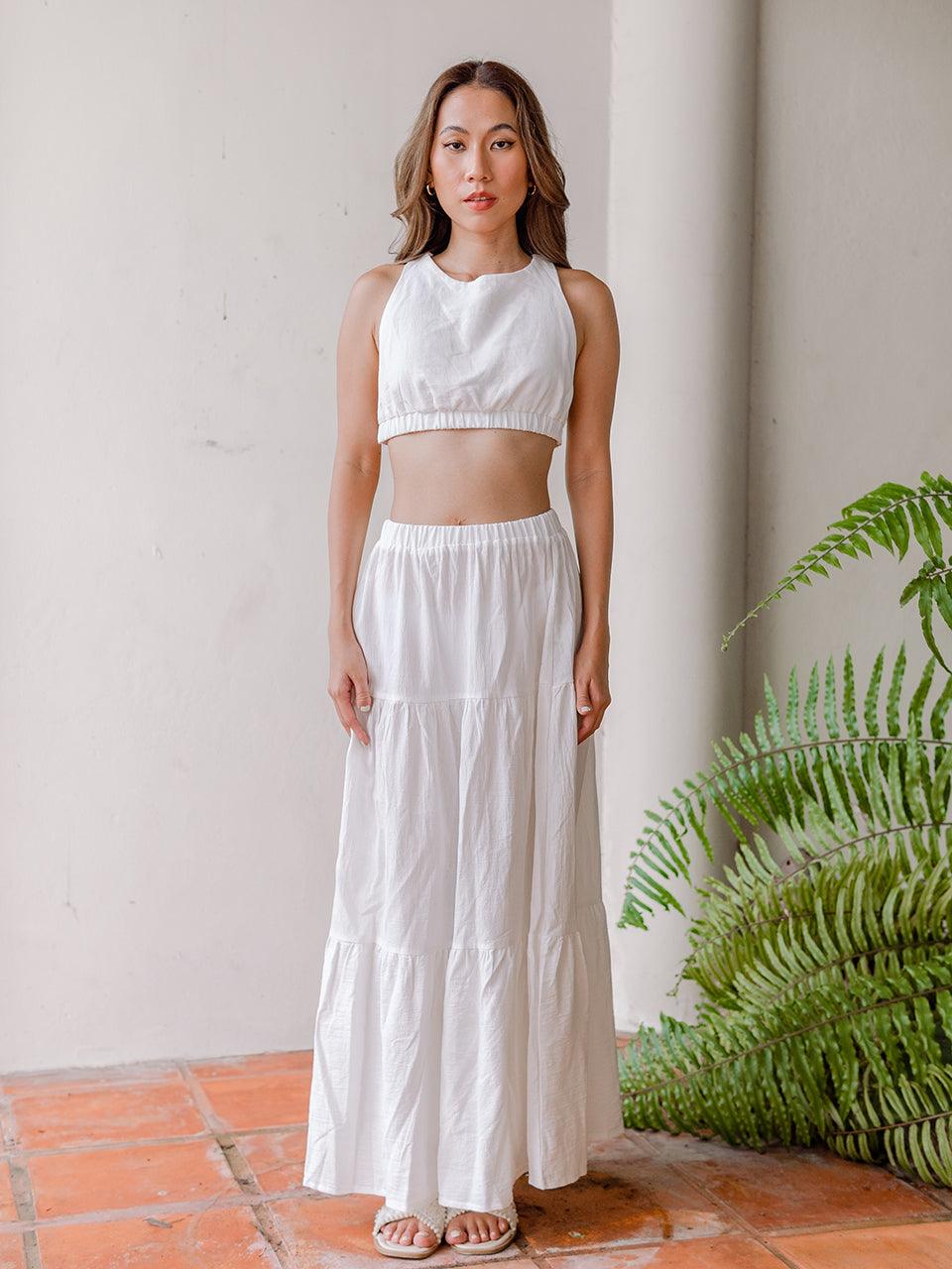 Nyra Tank Top and Long Skirt Co Ord 2 Piece Set in White - Pink N' Proper