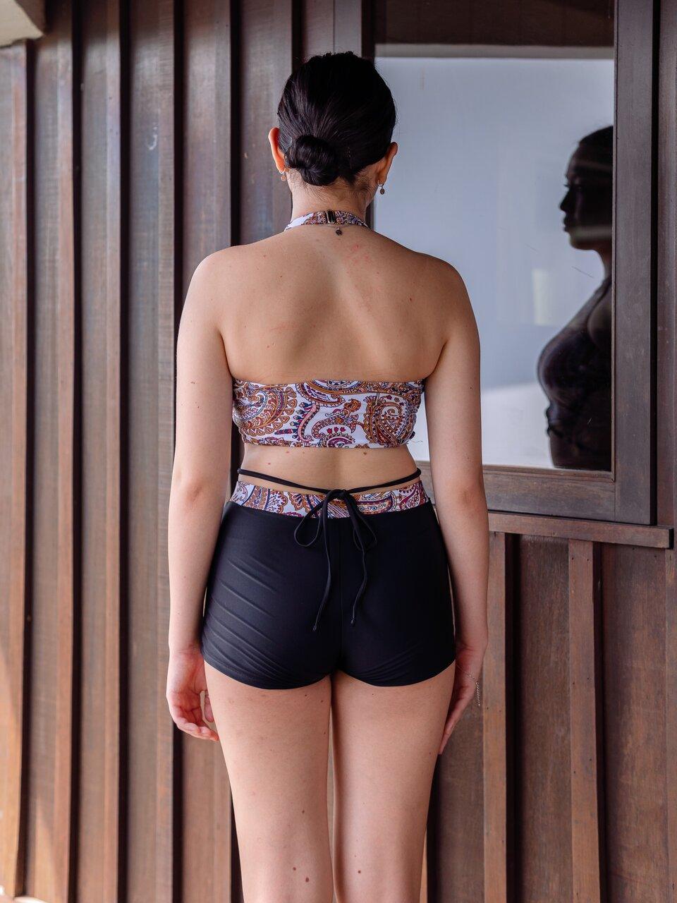 Lana Paisley Halter Bikini with High Waist Shorts Set in Brown Black - Pink N' Proper