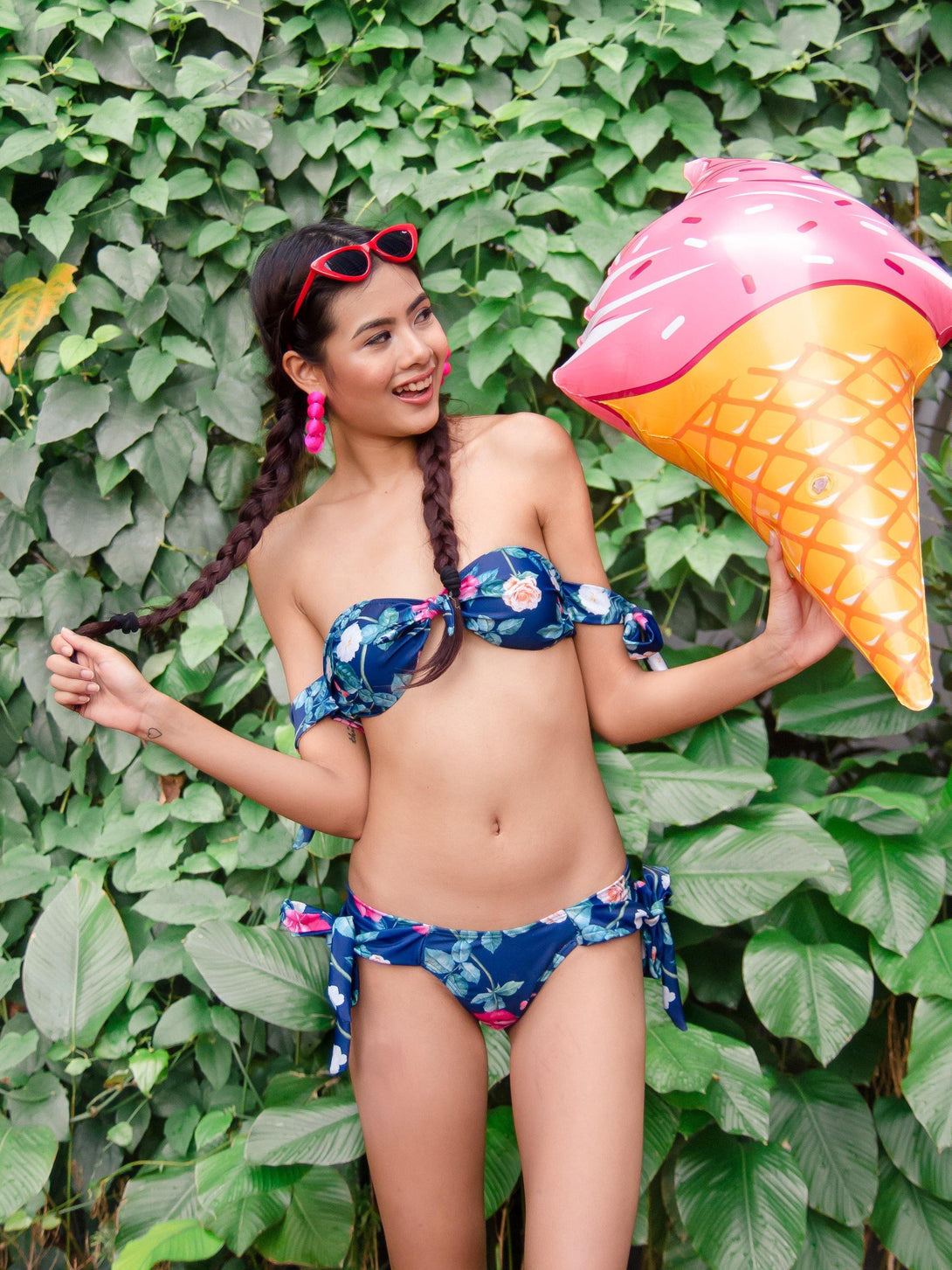 Helena Tropical Off-Shoulder Bikini Set Navy Blue - Pink N' Proper