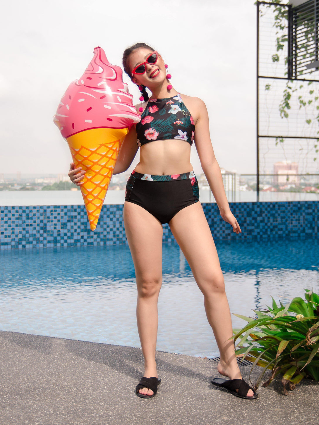 Kiana Tropical Halter High-Waist Bikini Set Black - Pink N' Proper