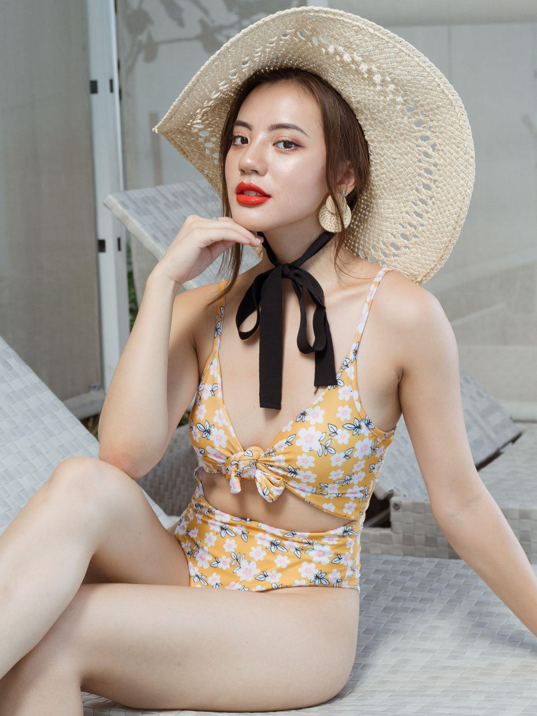 Olive Tie-Front High-Cut Cut-Out Monokini Yellow - Pink N' Proper