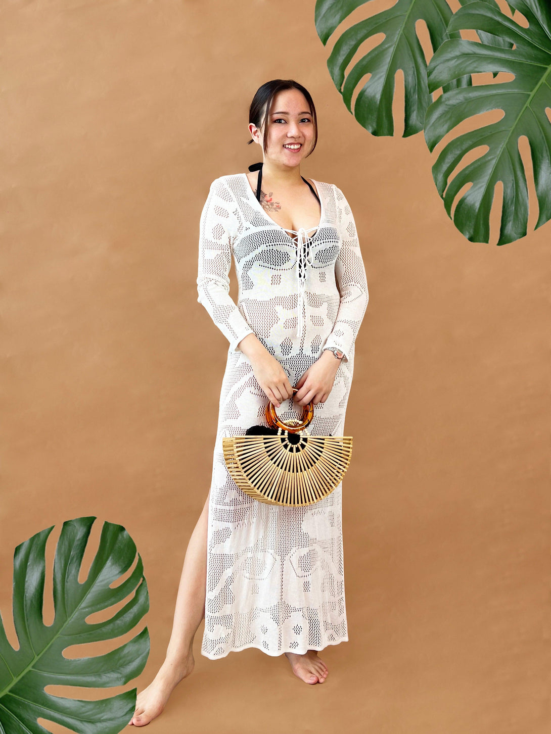 Luna Beach Half Moon Bamboo Handbag with Brown Acrylic Tortoiseshell Top Handle in Beige - Pink N' Proper